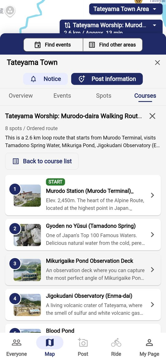 SEEKCROWの英語表示のコース画面。室堂駅や玉殿の湧水などのスポットが英語の説明付きで一覧になっている