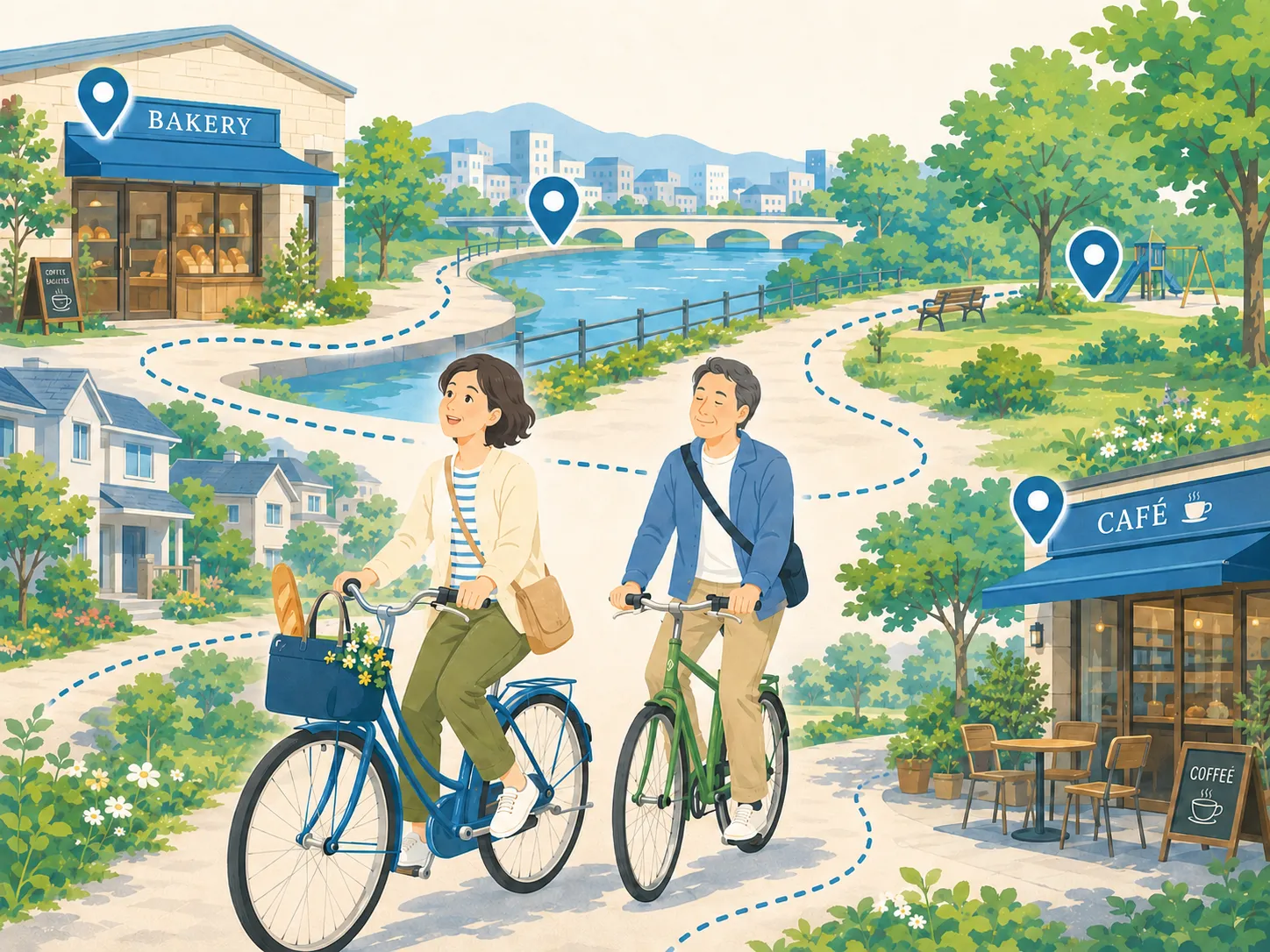自転車でパン屋や公園、川沿いの景色を巡るイメージ