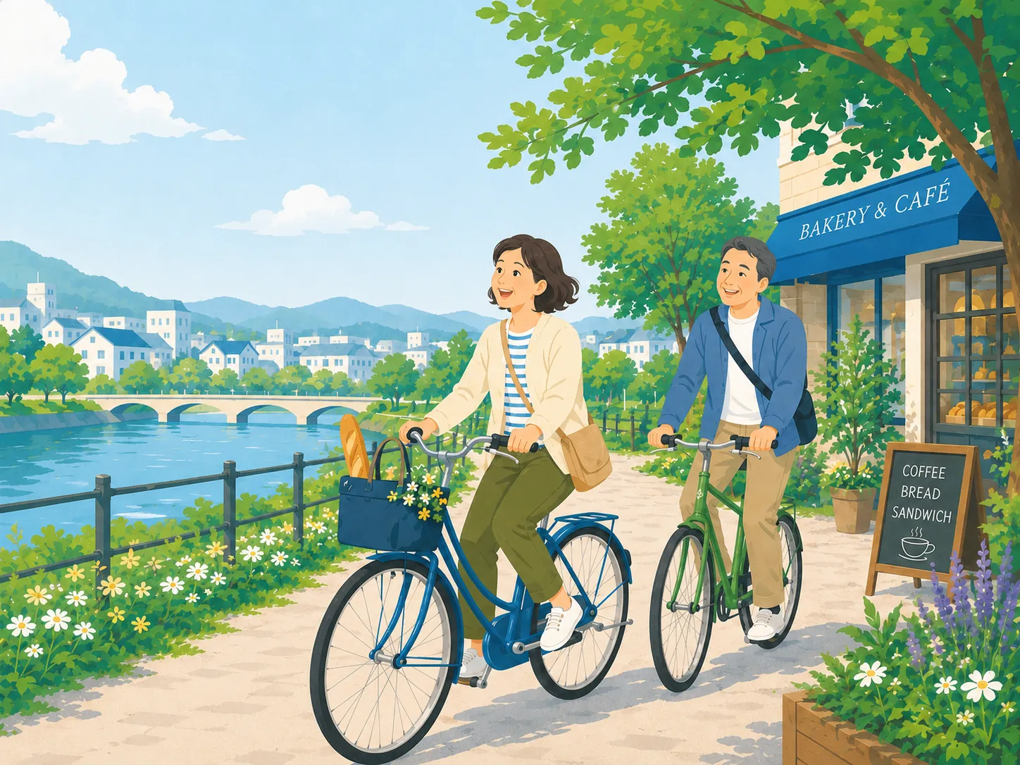 カフェや川沿いの景色を楽しみながら自転車でゆったり走る女性