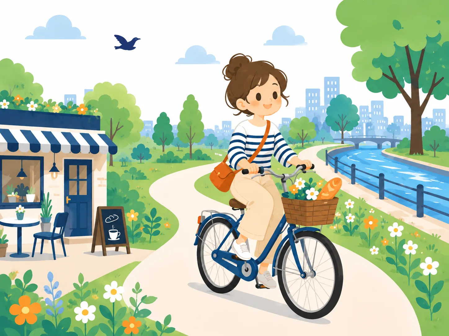 カフェや川沿いの景色を楽しみながら自転車でゆったり走る女性