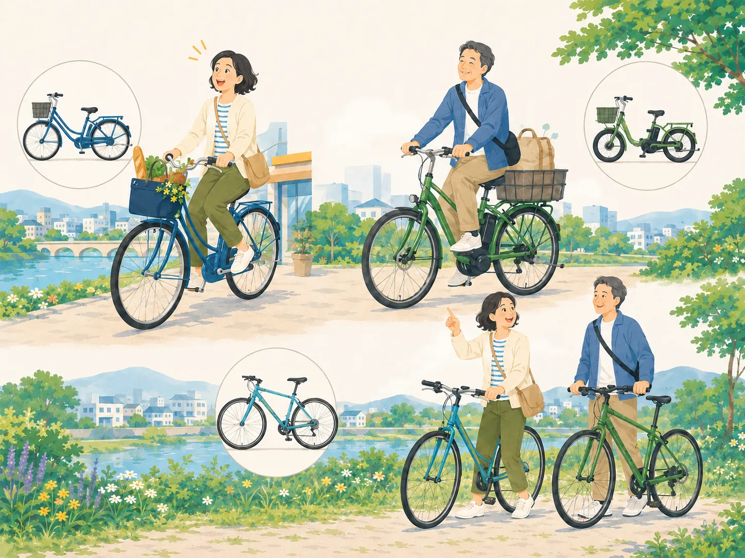 シティサイクル、電動アシスト自転車、クロスバイクを日常の用途別に紹介するイラスト