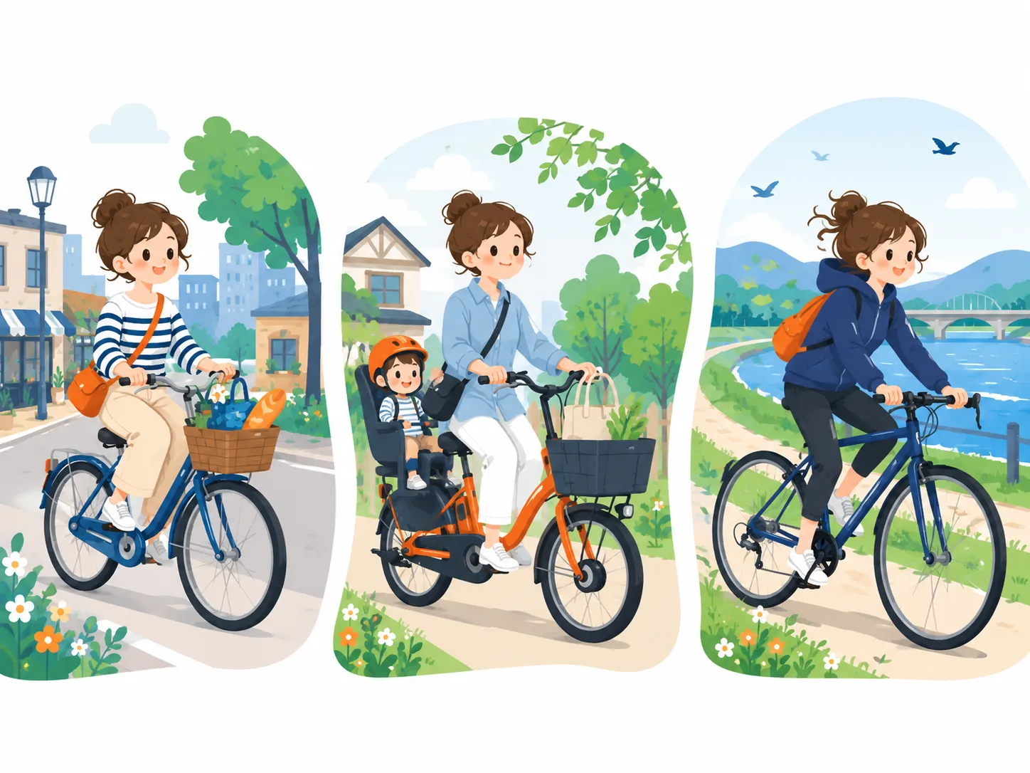 シティサイクル、電動アシスト自転車、クロスバイクを日常の用途別に紹介するイラスト