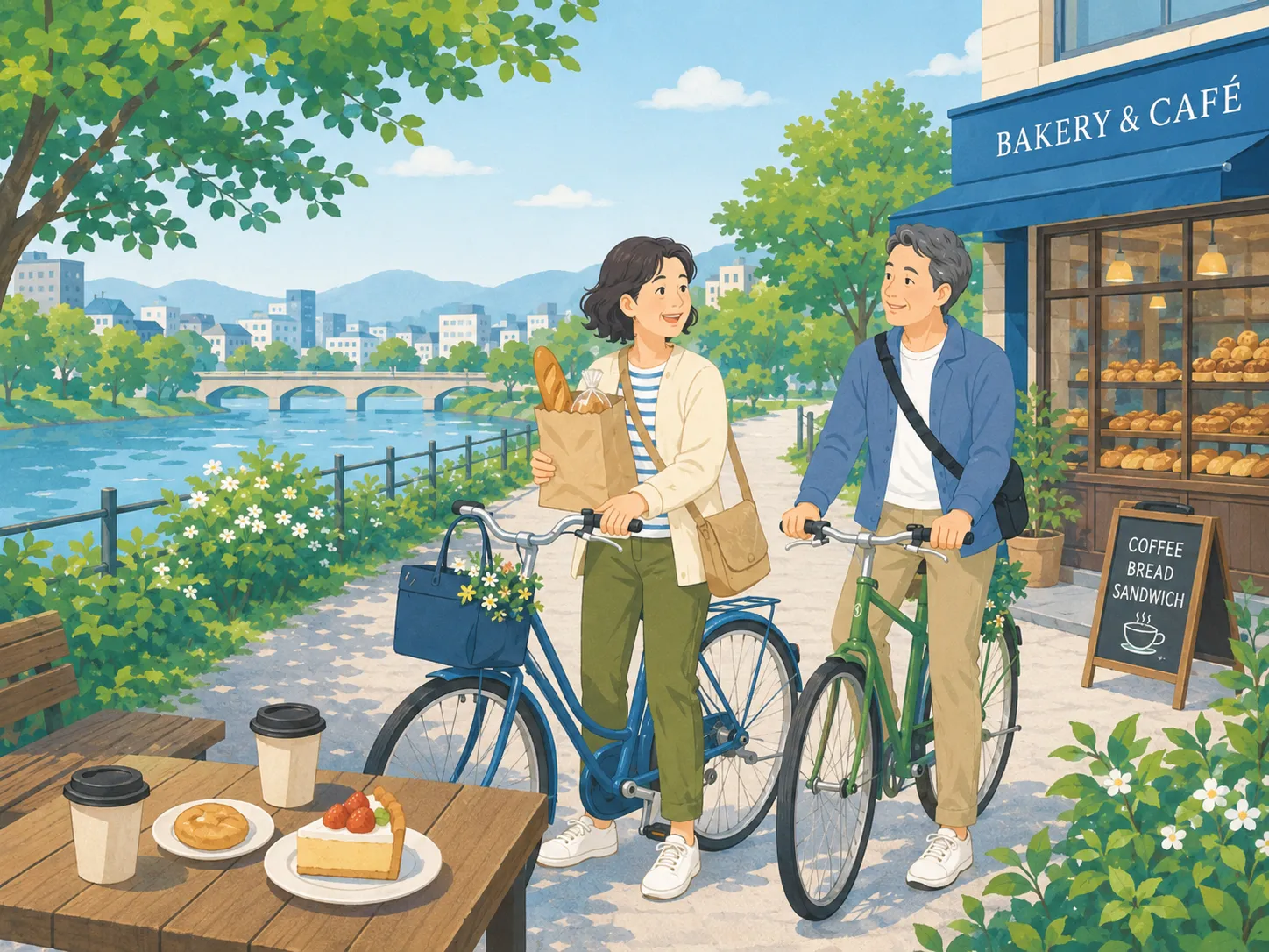 パン屋と川沿いのカフェで休憩を楽しむ自転車散歩