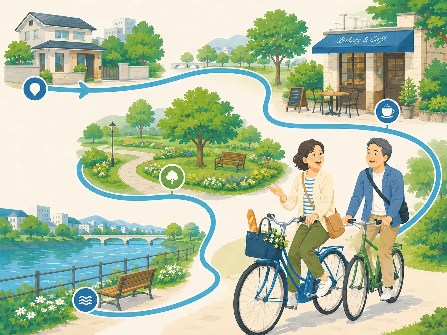 カフェや公園を巡る初心者向けの短い自転車ルート