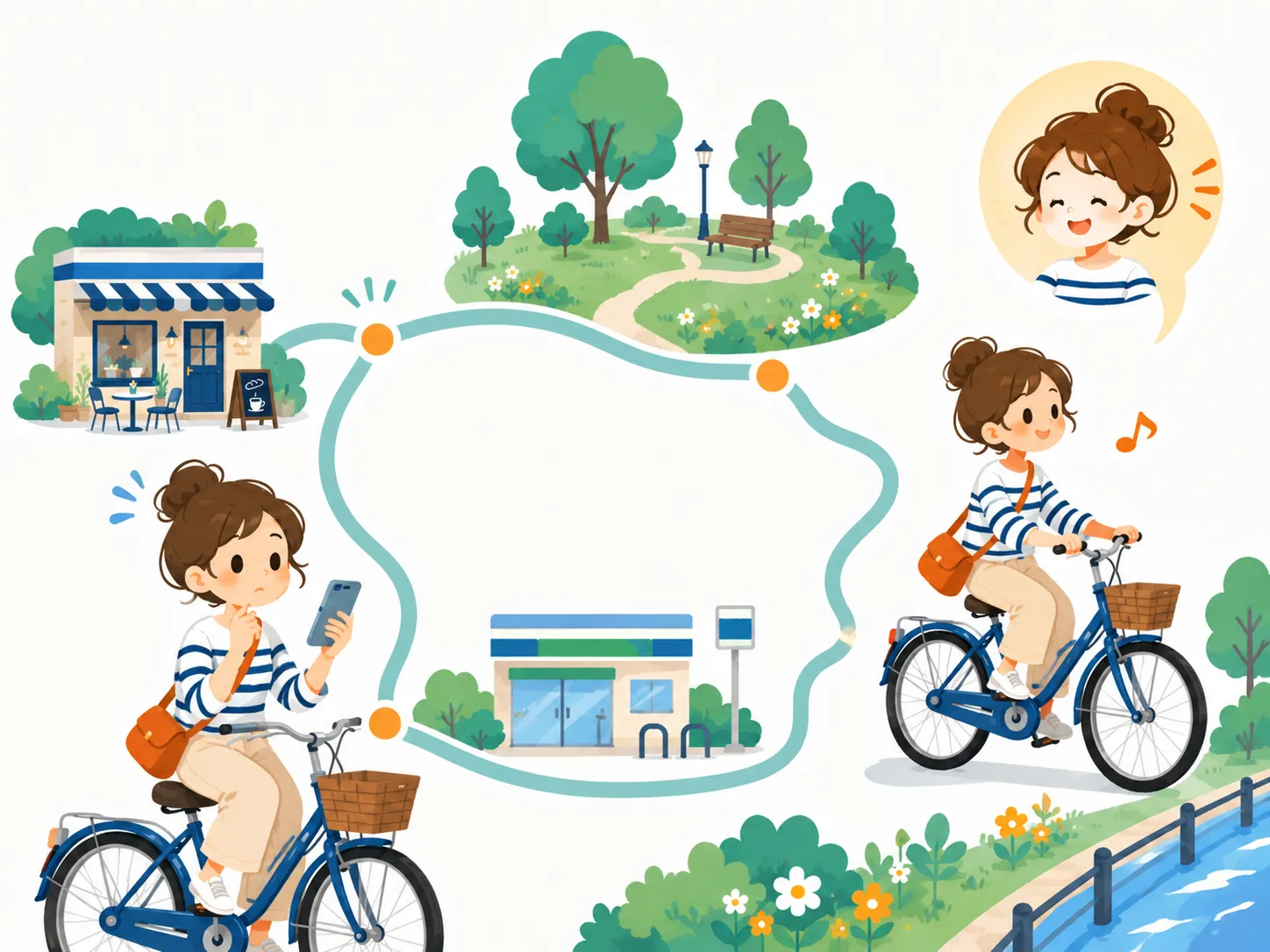 カフェや公園を巡る初心者向けの短い自転車ルート