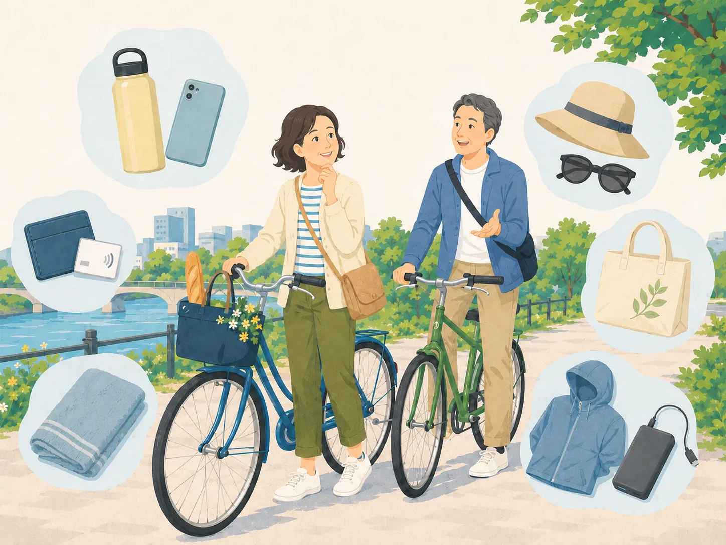 普段着の女性と自転車、スマートフォンや飲み物など日常のポタリングに必要な持ち物