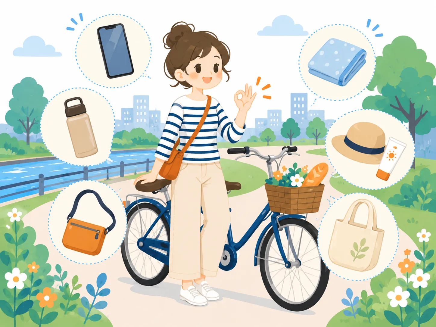普段着の女性と自転車、スマートフォンや飲み物など日常のポタリングに必要な持ち物