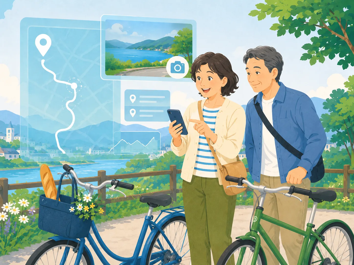 スマートフォンで自転車ルートやスポットを記録する女性