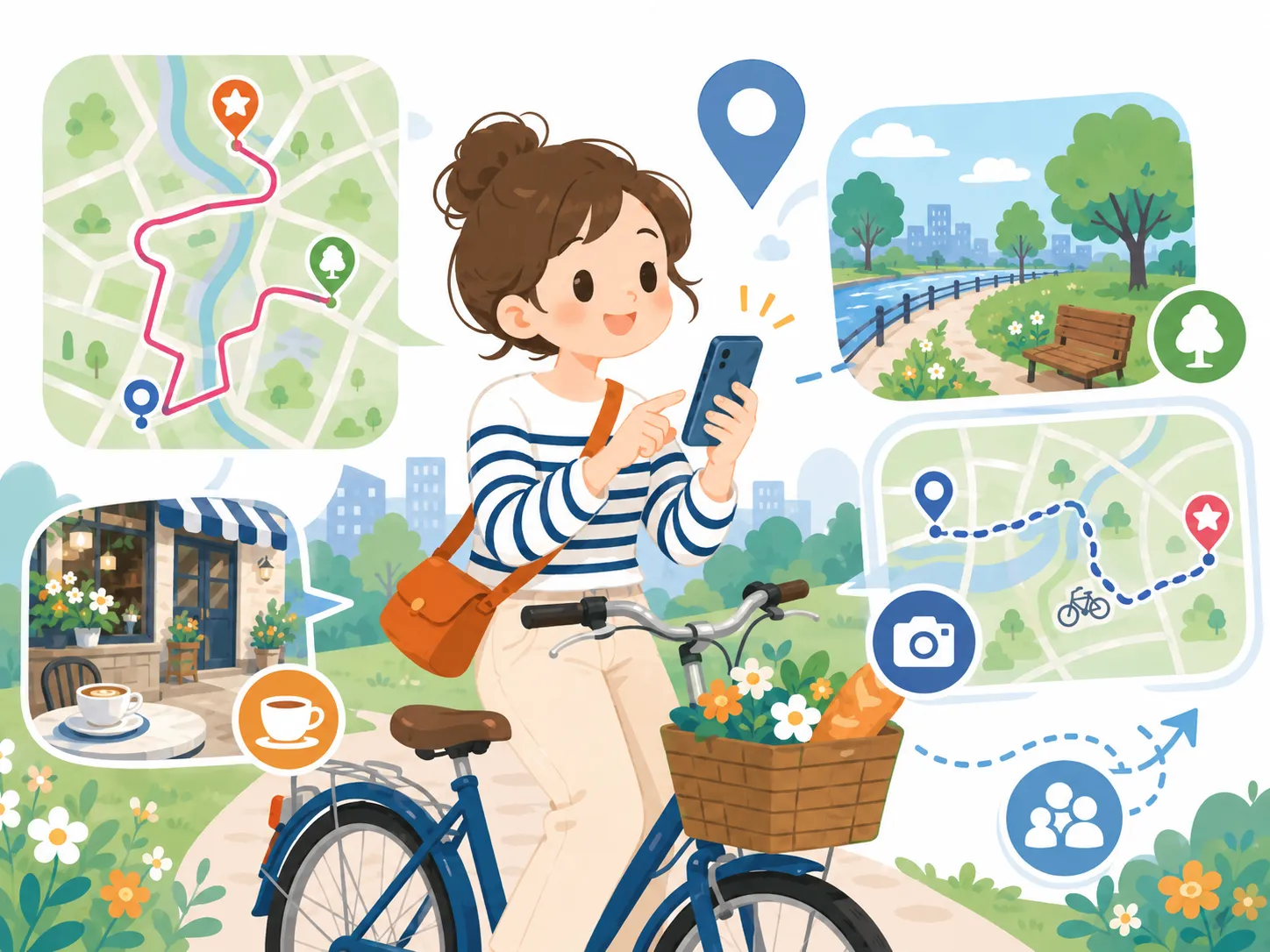 スマートフォンで自転車ルートやスポットを記録する女性