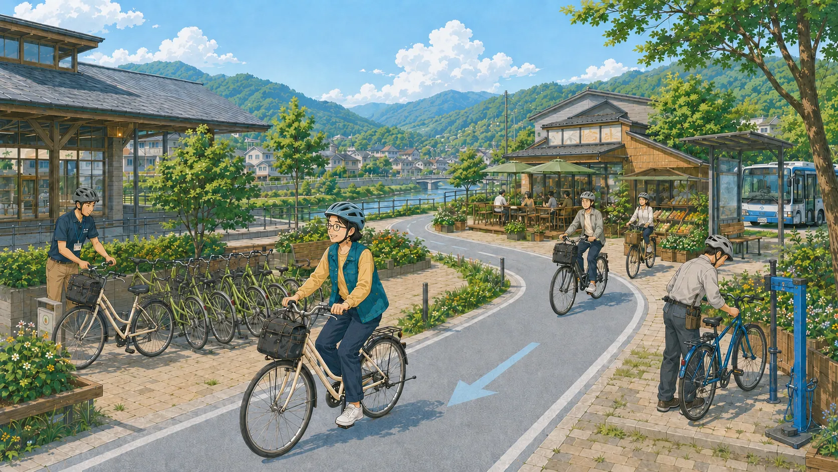 自転車を借りてから道を走り、地域に立ち寄り、休憩して公共交通で帰る一連の体験
