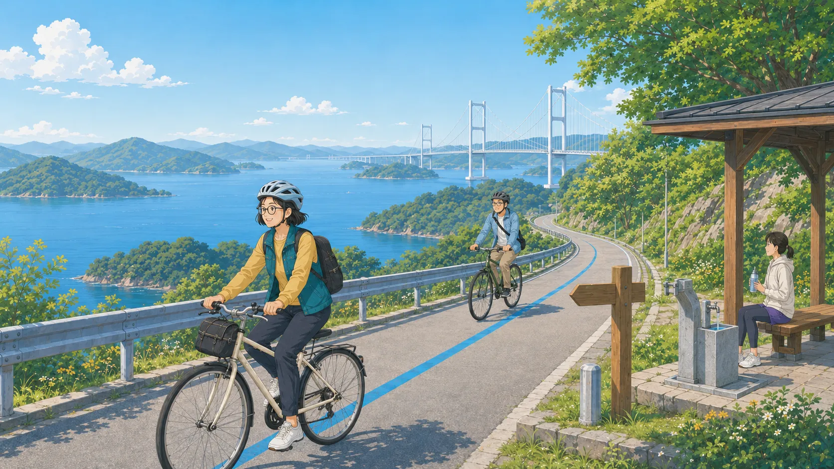 瀬戸内海の島々を結ぶしまなみ海道のブルーラインを走るサイクリスト
