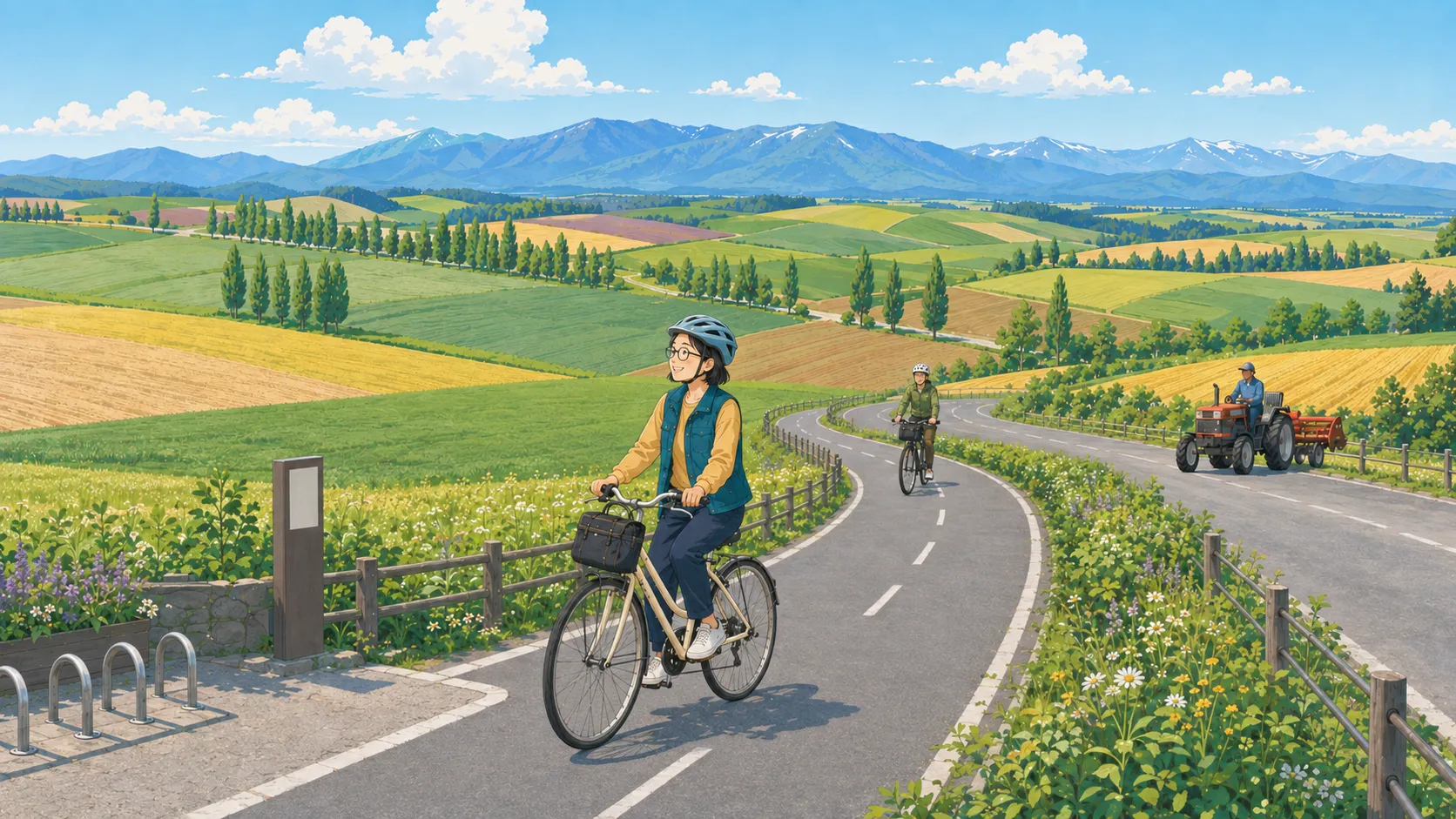 美瑛町の丘陵景観を安全な案内に沿って自転車で巡る旅行者