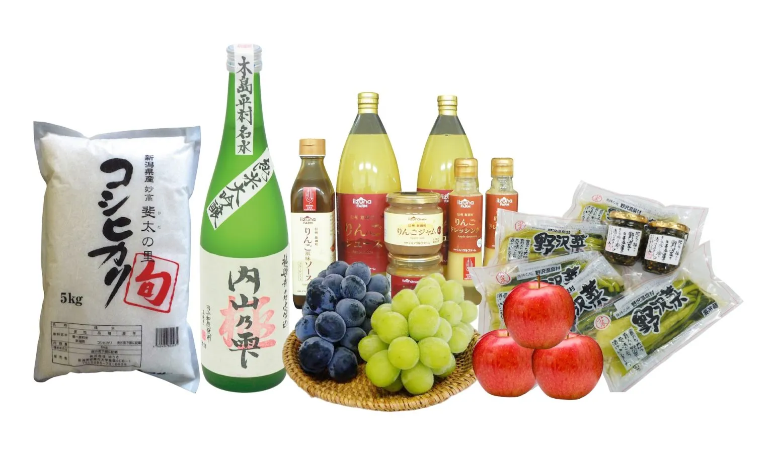 信越自然郷の米、地酒、果物、加工品などを並べた特産品詰め合わせのイメージ