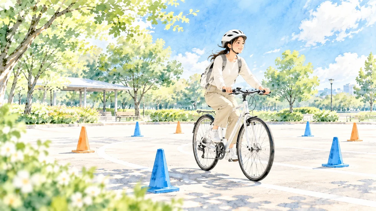 ヘルメットを着用して安全な公園で自転車のバランス練習をする大人の女性