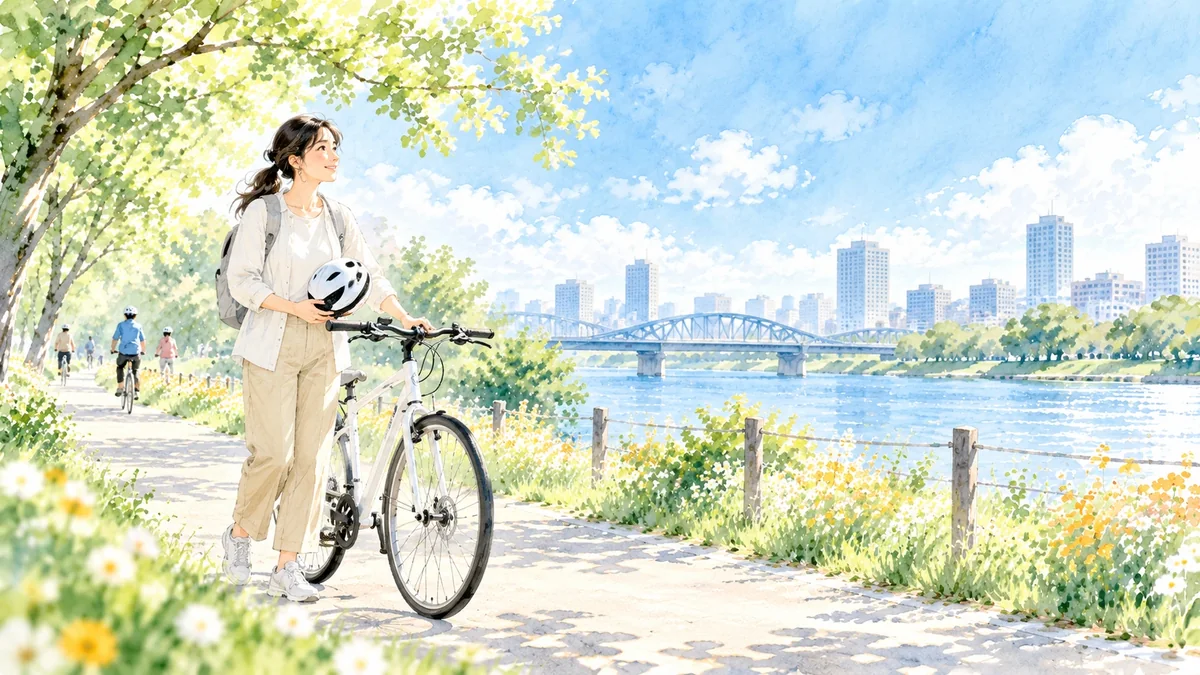 大人になってから自転車練習を始めることに迷う女性と自転車