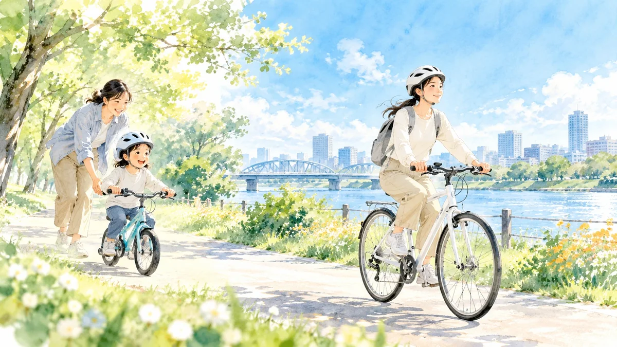 子どもの頃の自転車練習と大人になって自転車を楽しむ様子