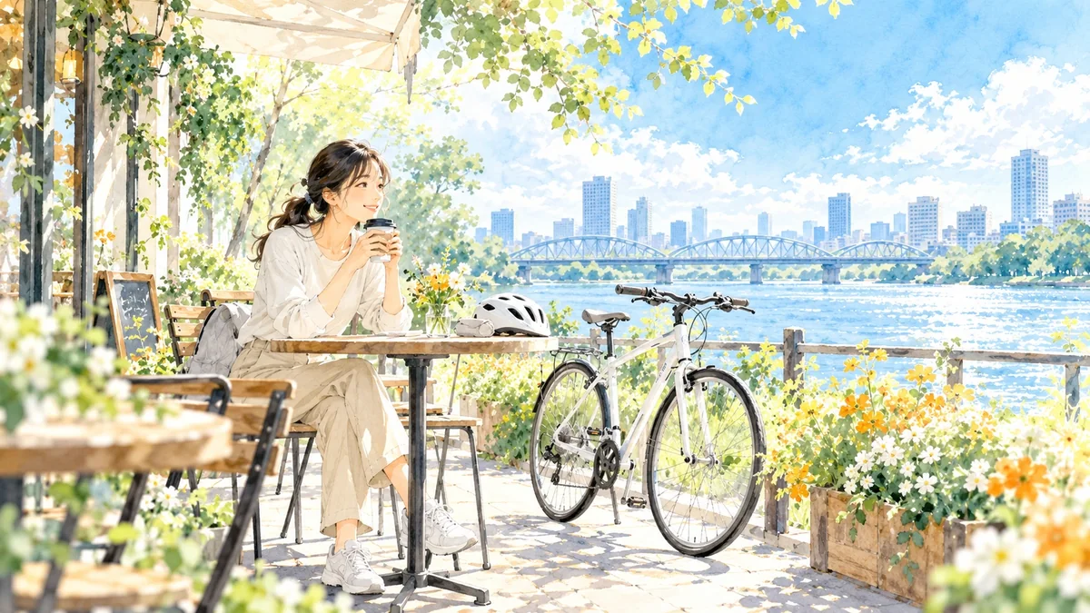 自転車で川沿いのカフェを訪れポタリングを楽しむ大人の女性