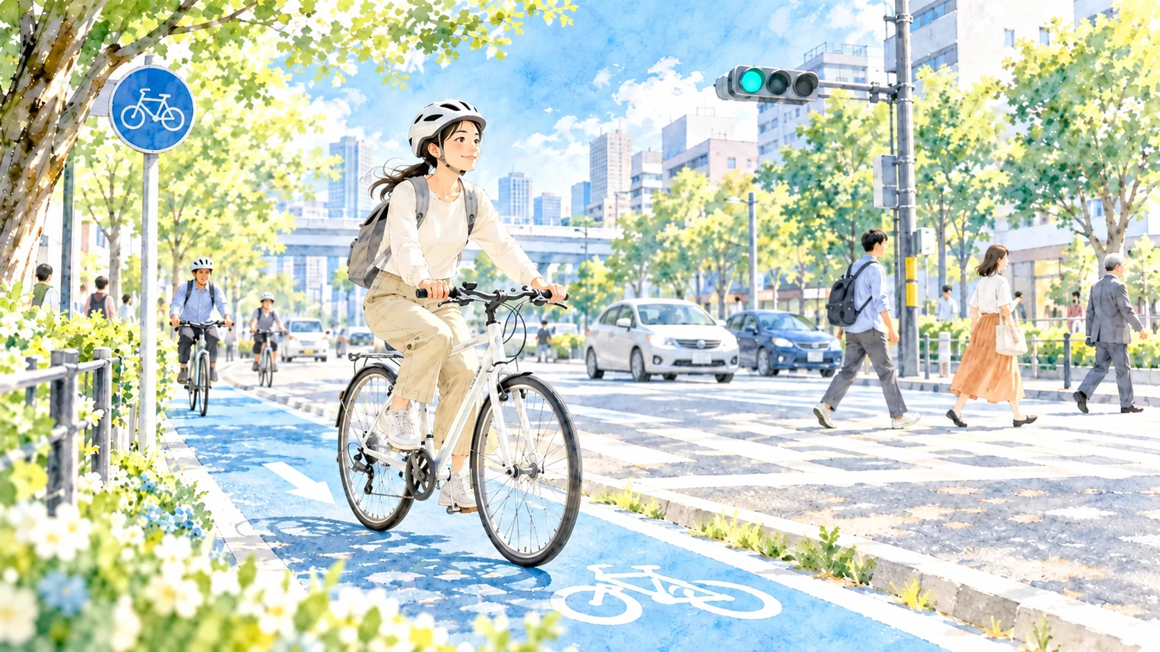 ヘルメットを着用し交通ルールを守って自転車で街を走る女性