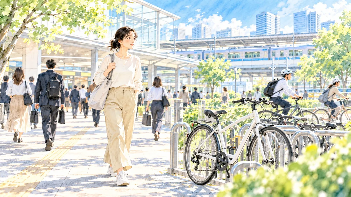 駅前で電車や徒歩を選び自転車から離れていく大人の生活イメージ